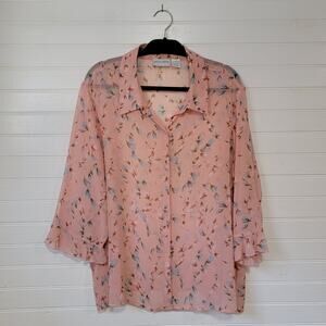 Jaclyn Smith Silk Ditzy Floral Button Up Plus Size 2X Sheer Pink Feminine Classy